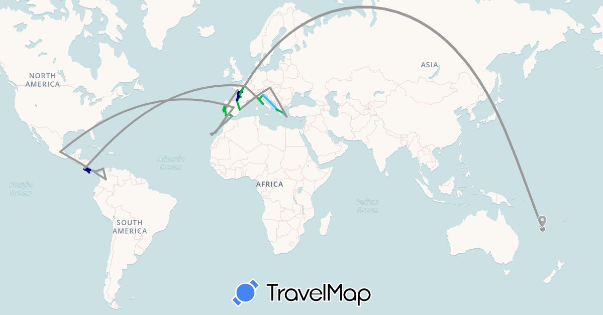 TravelMap itinerary: driving, bus, plane, hiking, boat, hitchhiking in Austria, Colombia, Costa Rica, Spain, France, Greece, Italy, Mexico, Panama, Portugal (Europe, North America, South America)